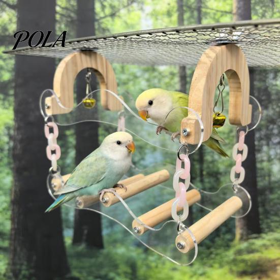 Sturdy Parrot Swing Toy, Bird Cage Perch, 5 Wooden Perch Poles, Acrylic Hanging Toy Frame with Bells for Small Medium Parrots Budgies Cockatiels