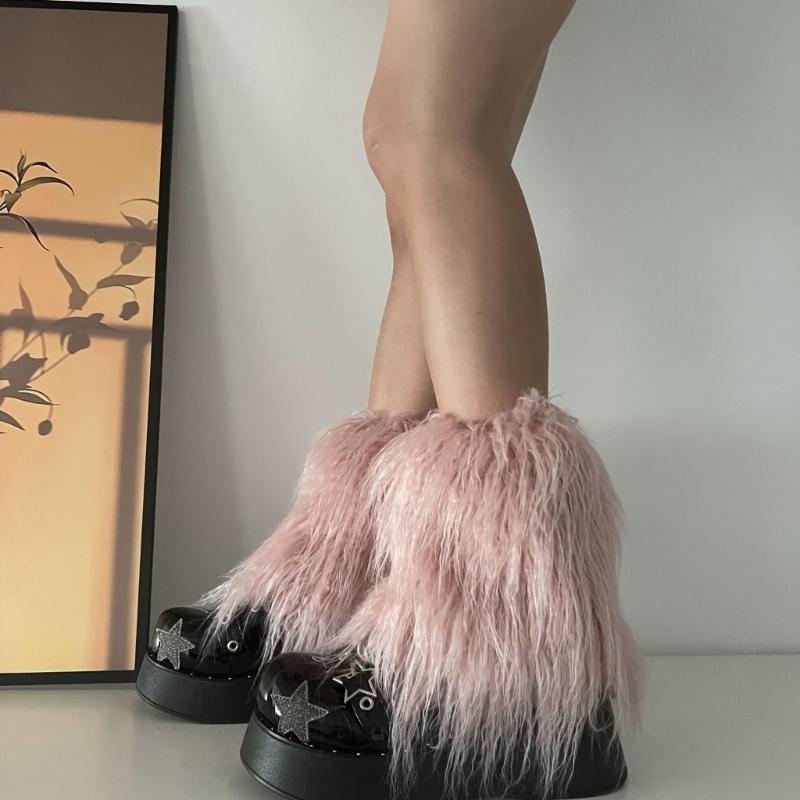 Fuzzy Faux Furs Leg Warmers Furs Heels Long Boots Cuffs Cover Has Elastic One Pair Carnivals Boot Cover Y2K JK Uniform