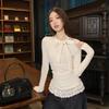 Niche Sexy Bow Long-Sleeve Lace Splice Slim Fit Top for Early Autumn