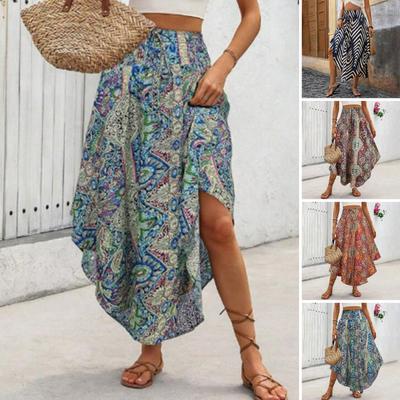 Boho Skirt Elastic High Waist Adjustable Lace-up A-Line Skirt Boho Retro Printed Loose Fit Slimming Skirt Work Leisure Travel Daily Wear