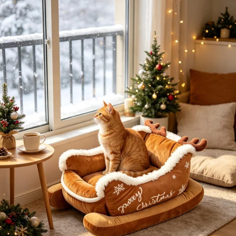 Sleigh Style Pet Sleeping Bed Fluffy Fleece Lined Dog Sofa Cushion Ultra‑Soft Non‑Slip Winter Christmas Decoration for Cats Dogs