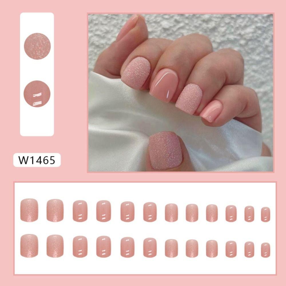 Gradient Pink Fake Nails Short Round Nail Tips Fashion False Nails  for Salon