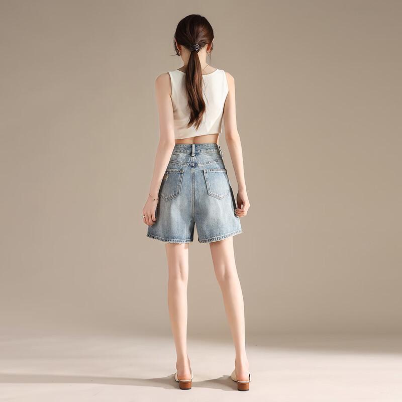 RAIN.CUN Petite Distressed High-Waist Relaxed Fit Denim Shorts
