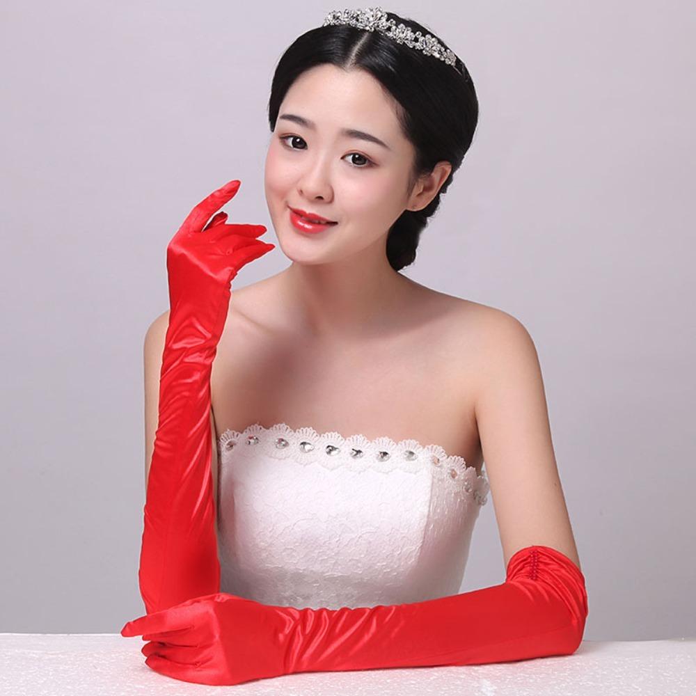 Solid Color Wedding Gloves Beaded Long Bridal Gloves Satin Dress Gloves Wedding