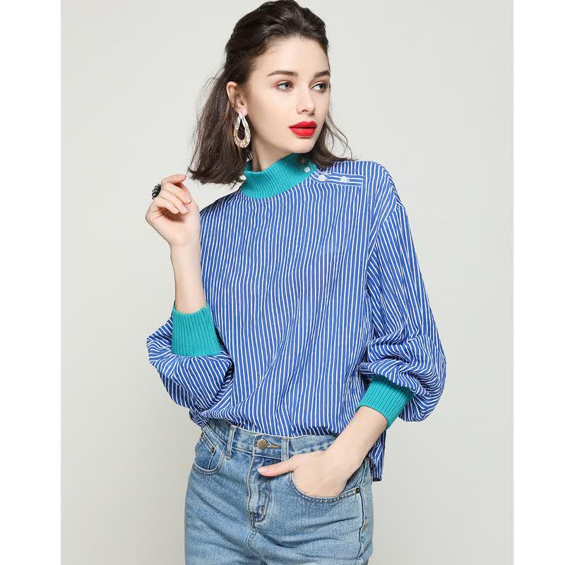 Women s Semi-High Collar Striped Lantern Sleeve Blouse S