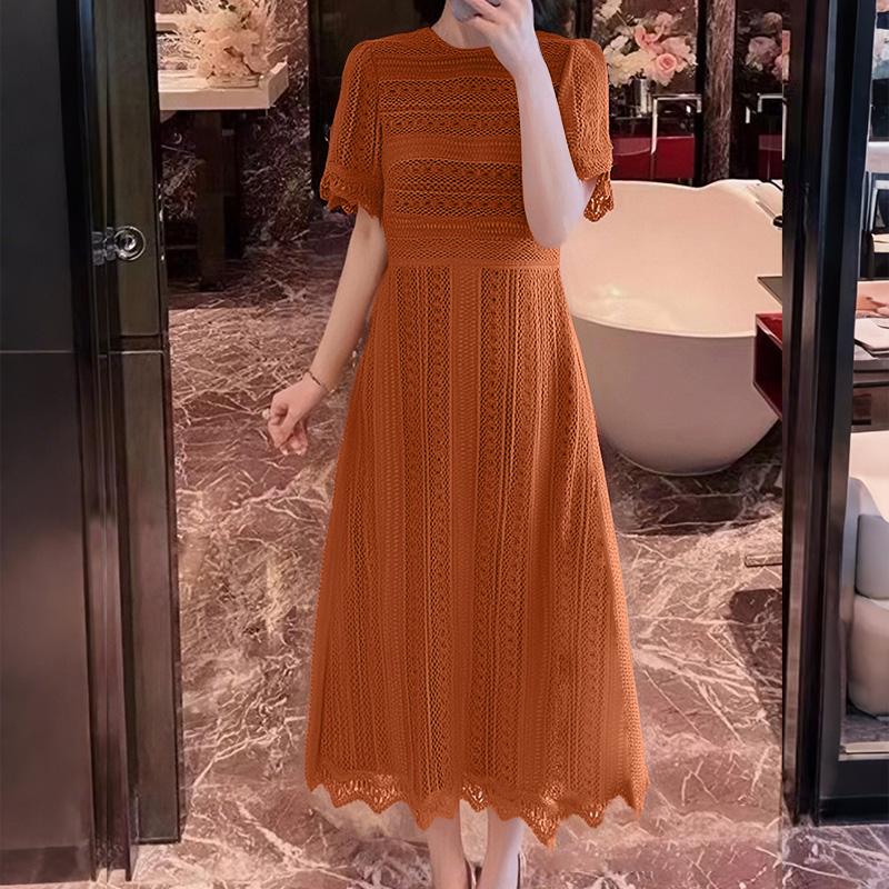 

ZANZEA Элегантное женское платье с круглым вырезом, коротким рукавом, сборкой на талии, пэчворком и кружевом M оранжевый