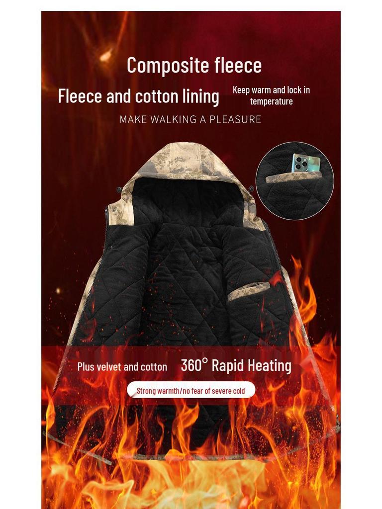 Men's Winter Camouflage Cotton Jacket with Velvet Lining for Cold Protection and Workwear