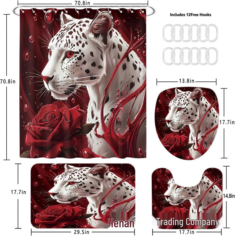 Rose & Leopard Bath Set: Shower Curtain, Non-slip Mat, Toilet Lid Cover, Bathroom Mat & 12 Hooks