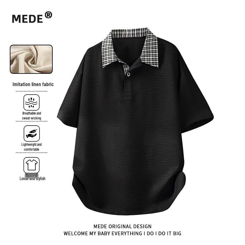 MEDE Men s Contrast Faux Linen Polo T-Shirt L