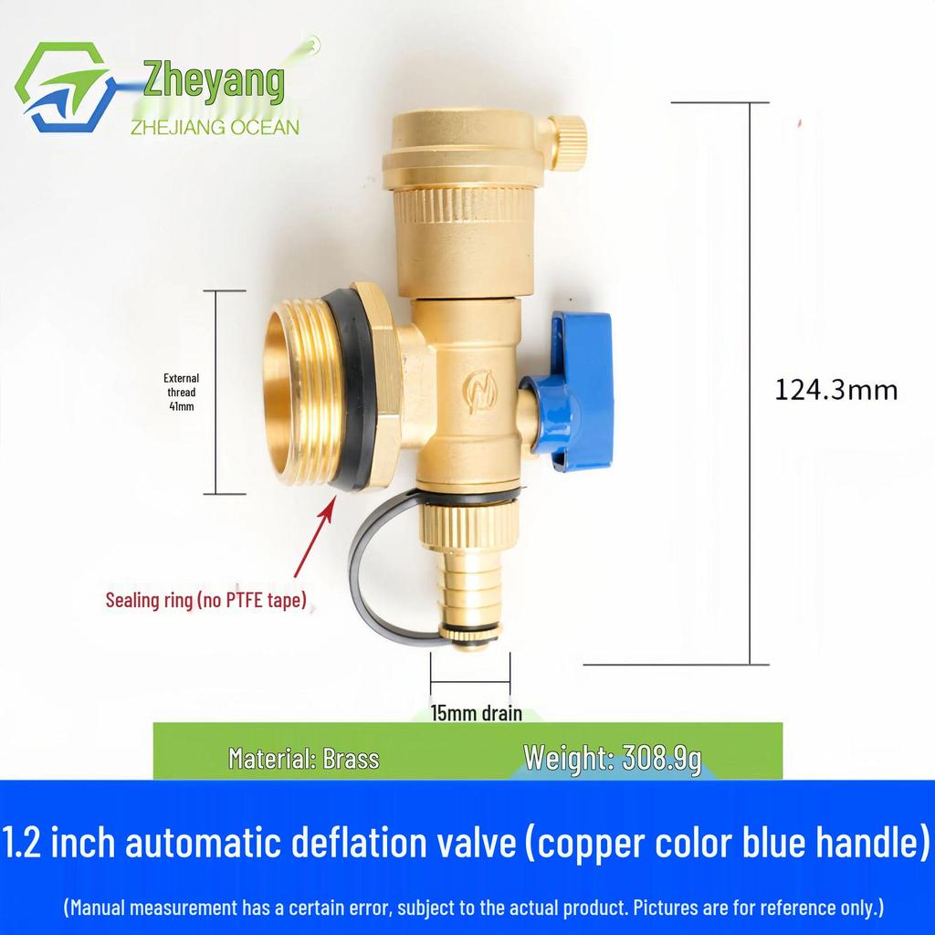 Automatic Brass Geothermal Manifold Air Vent and Water Drain Valve for Underfloor Heating, Large Flow, 1-1.2 inch Tailpiece