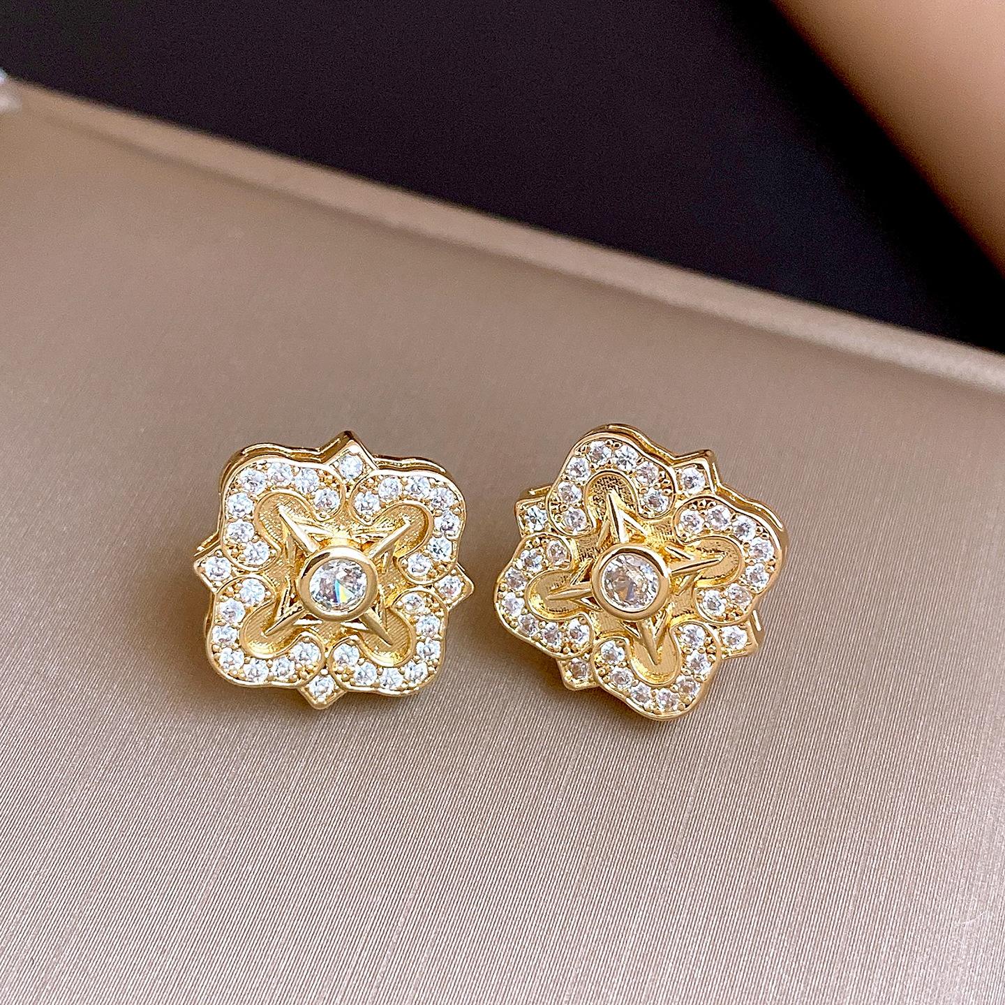 French zircon rhombus pleated flower stud earrings fashionable exquisite earrings women