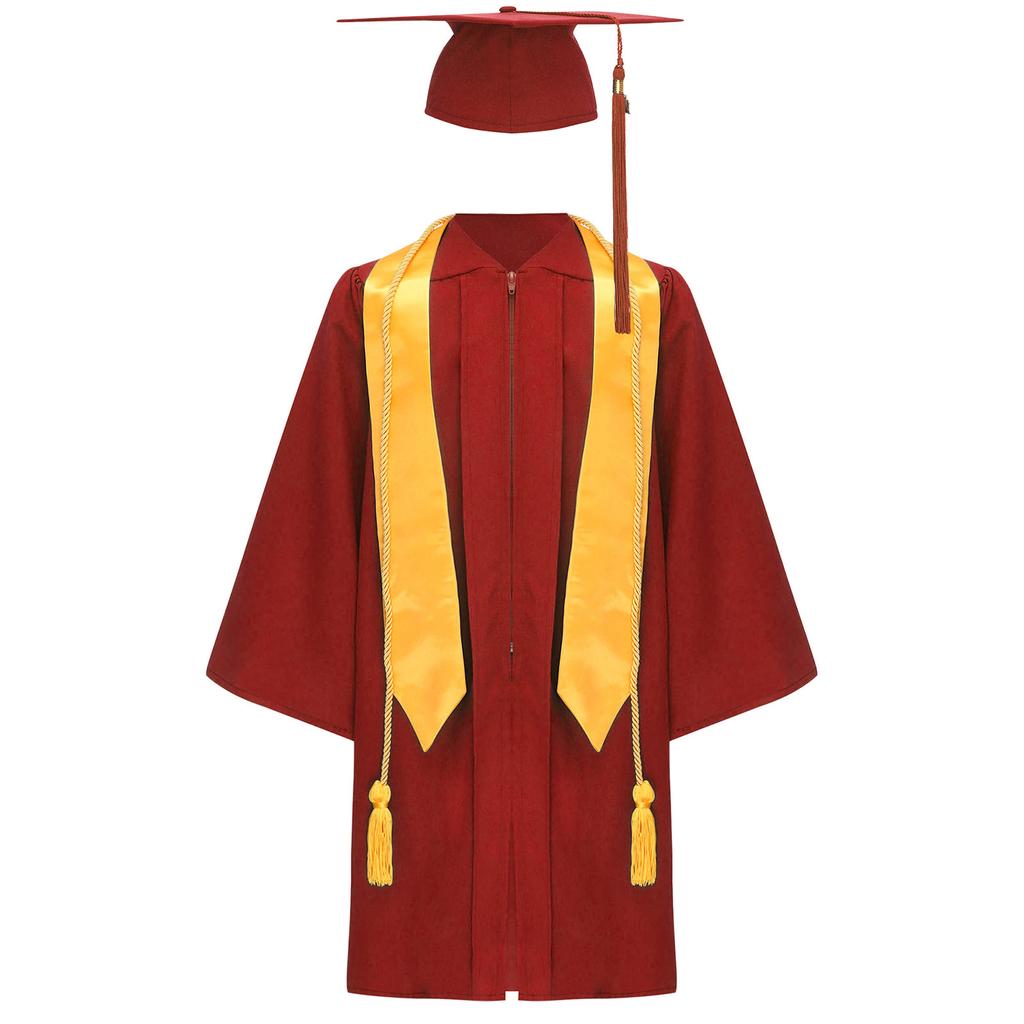 Unisex Kids Graduation Gown Set V Neck Long Sleeve Front Zipper Robe Academic Hat Stole Tassel Ceremony Outfit