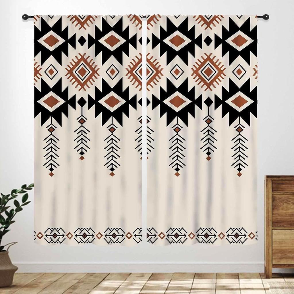 Western Cow Skull Curta,Beige Southwestern Bohemian Geometric Pattern Native Aztec Longhorn Head Cowboy Farmhouse Country