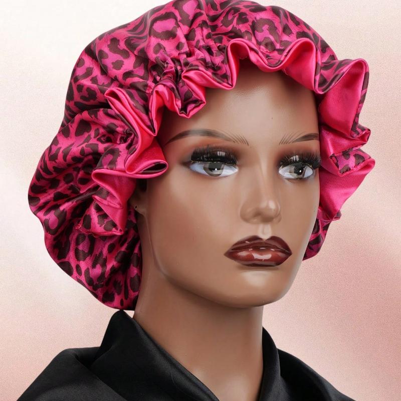 1PC Hair Bonnet Printed Leopard Double Layer Satin Splicing Hair Bonnet For Sleeping For Curly And Straight Hair