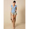 Camisa de Mujer Verano Calada Vacaciones Cuello en V Fruncida Manga Corta Encaje Blanca Blusa Moda Mujer Elegantes Tops Ajuste Ceñido Casual Suelta Camisas Femeninas