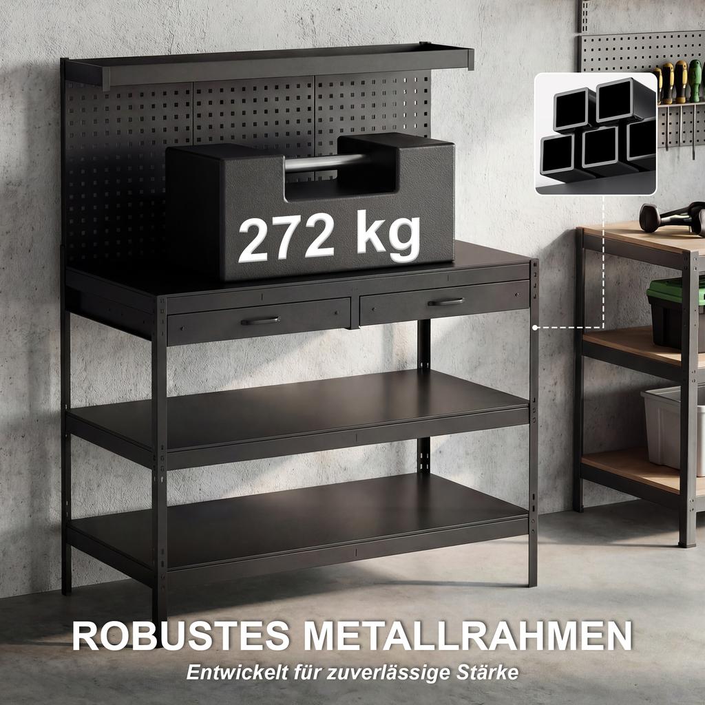 Workbench with Adjustable Shelves, Pegboard and 2 Drawers, 122x61x156 cm, Black