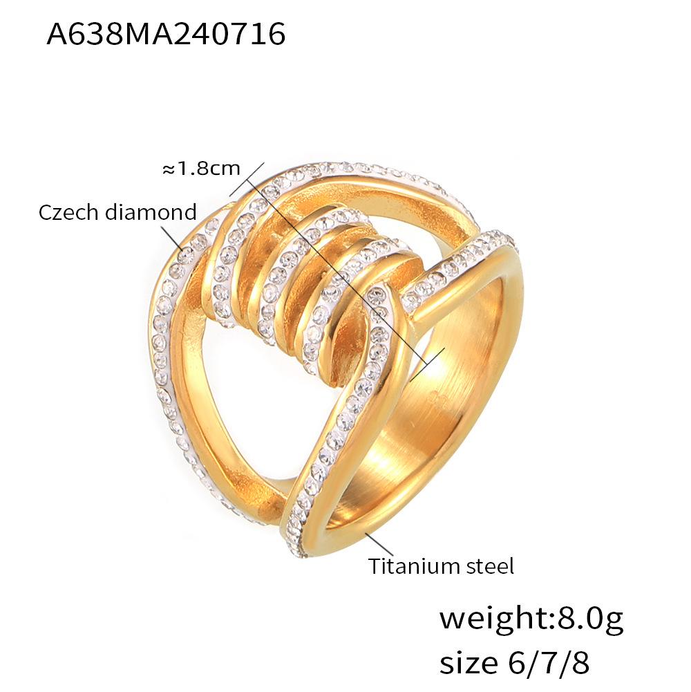 Hepburn Style Geometric Double-Layer 18K Gold-Plated Titanium Ring with Diamonds Size 6