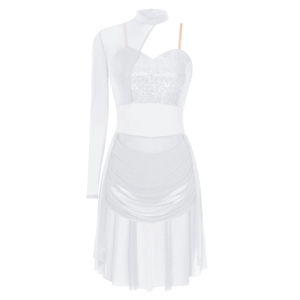 Conjunto de Danza Lírica para Mujer Cuello Alto Tirantes Espagueti Ajustables Un Hombro Manga Única Maillot con Lentejuelas