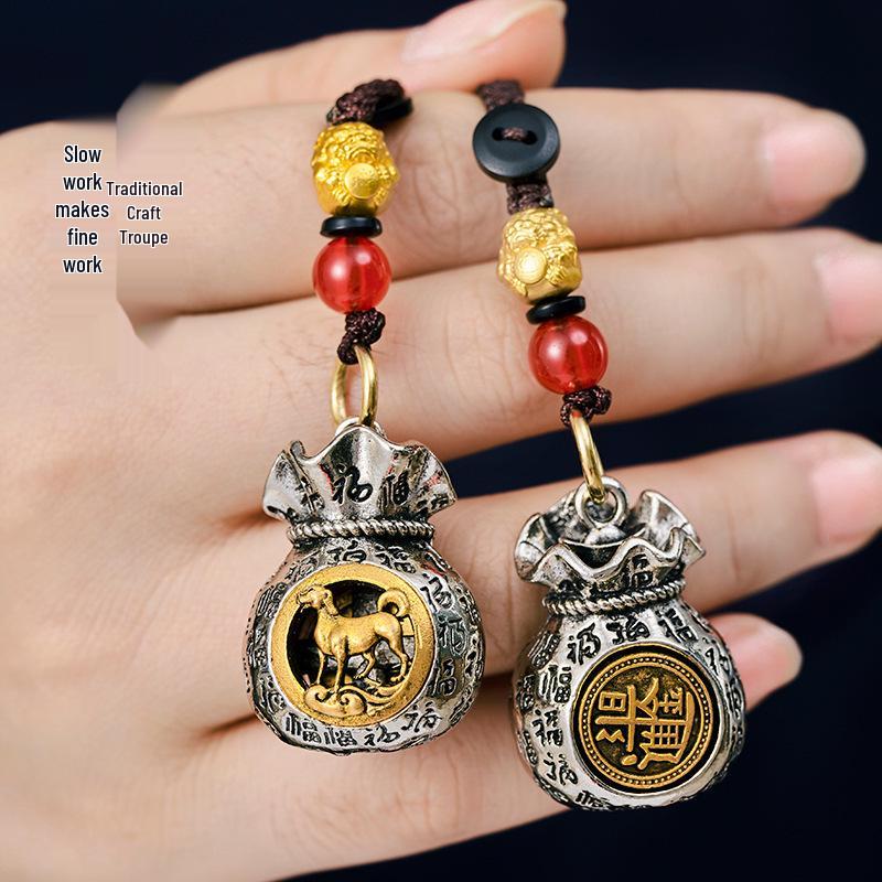 Zodiac Gold Ingot Lucky Bag Pendant Keychain - Daily Income Wealth Ornament Handicraft.