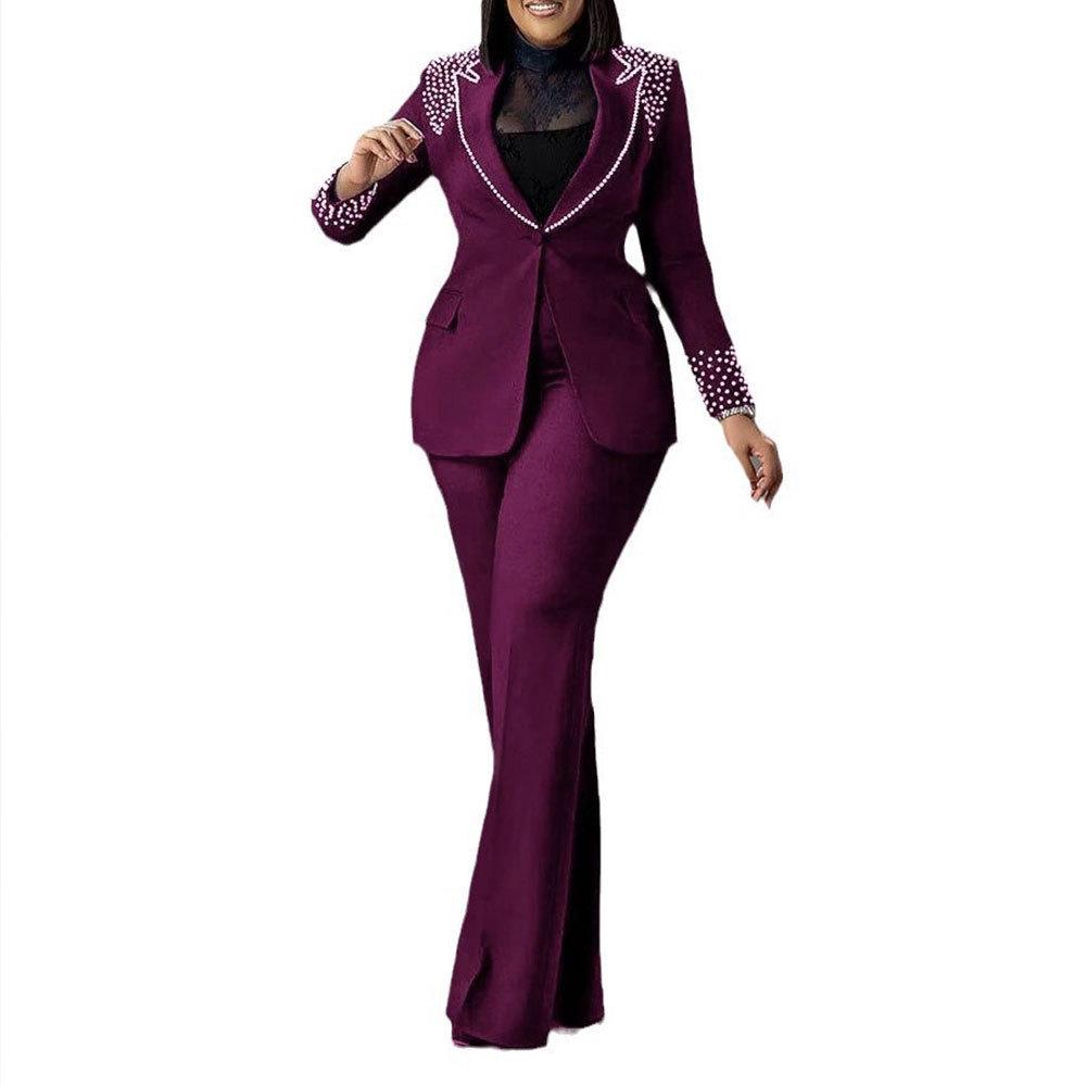 Costum european și american cu perle, slim fit, elastic - Set din două piese, cu mânecă lungă