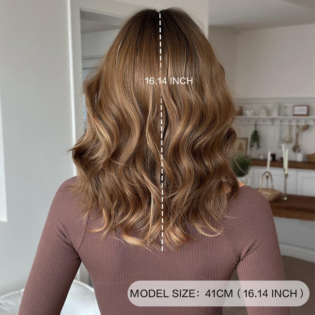 Perucă 2025 Nouă Europeană Americană Maro Gradient Medie Lungă Ondulată - Breton Complet cu Design Păr Înrădăcinat, Stil Natural Full Cap, 5 Culori Disponibile