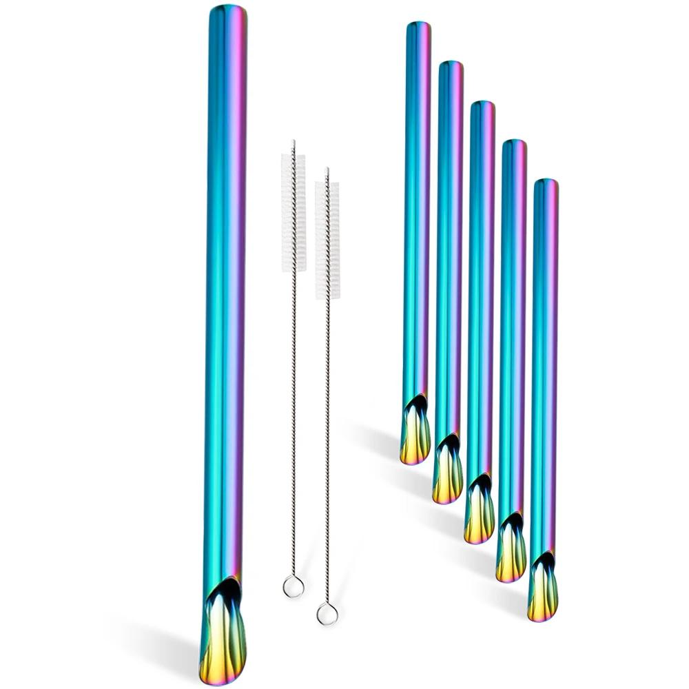 8Pcs Stainless Steel Straw Reusable Pearl Milkshake Bubble Tea Straws with Brush Stirring Smoothie Spoon Shaped Straw Set