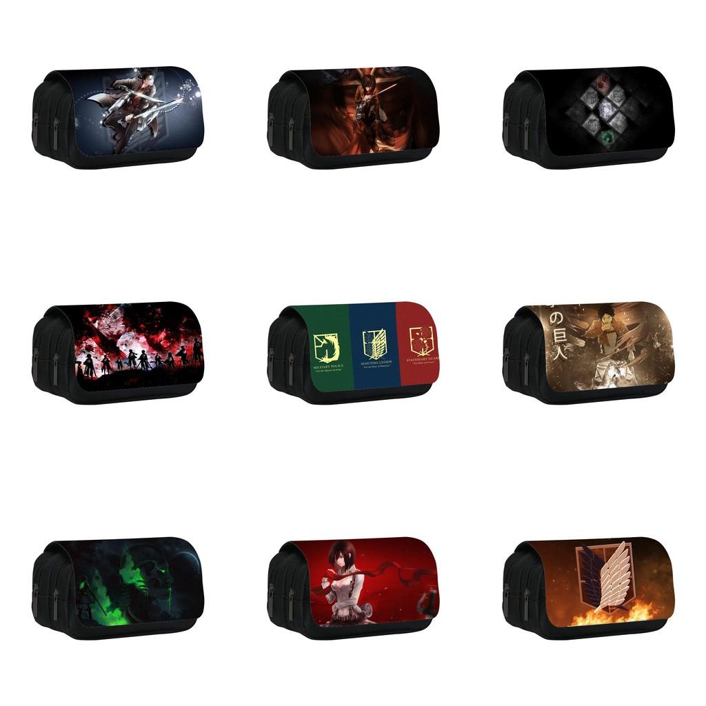 Attack On Titan Anime Pattern Double Layer Flip Cover Stationery Bag For Students And Office Use