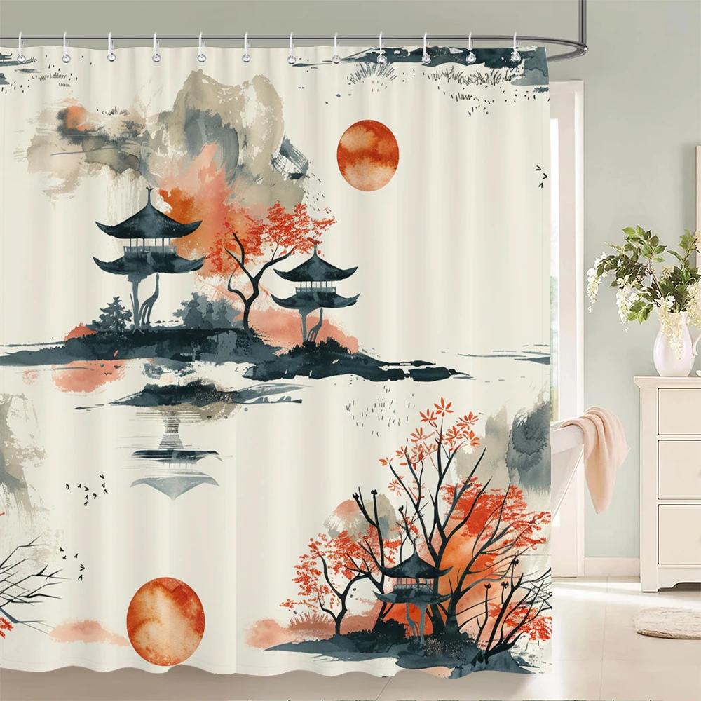 Japanese-style Shower Curtain 3d Ink Painting Bathroom Curtain Waterproof  With Hooks 180*240CM Shower Curtain Polyester Fabric