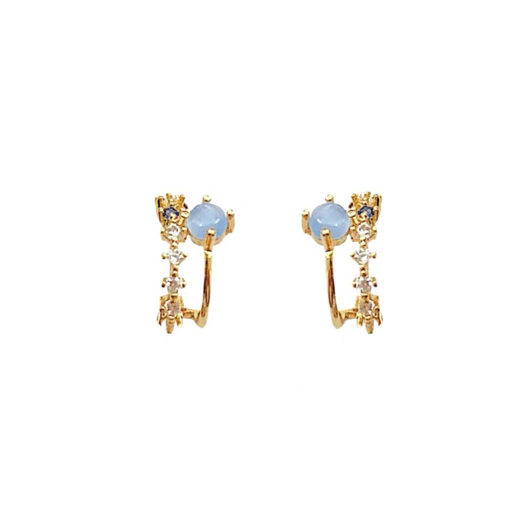Delicate and small blue opal stud earrings for women, silver needle temperament zircon earrings C ring earrings.