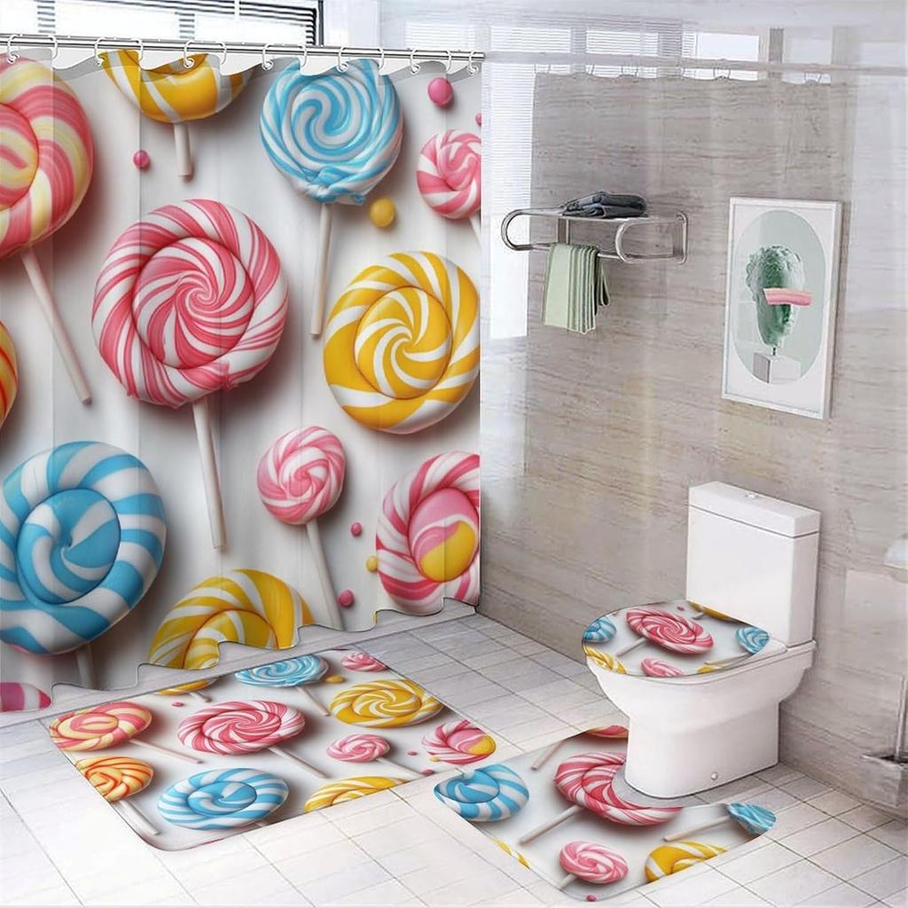 Bathroom Curtain And Rug Set, Colorful Paw Prints Pattern Printed On Bathroom Decor Sets With Shower Curtains And Rugs,