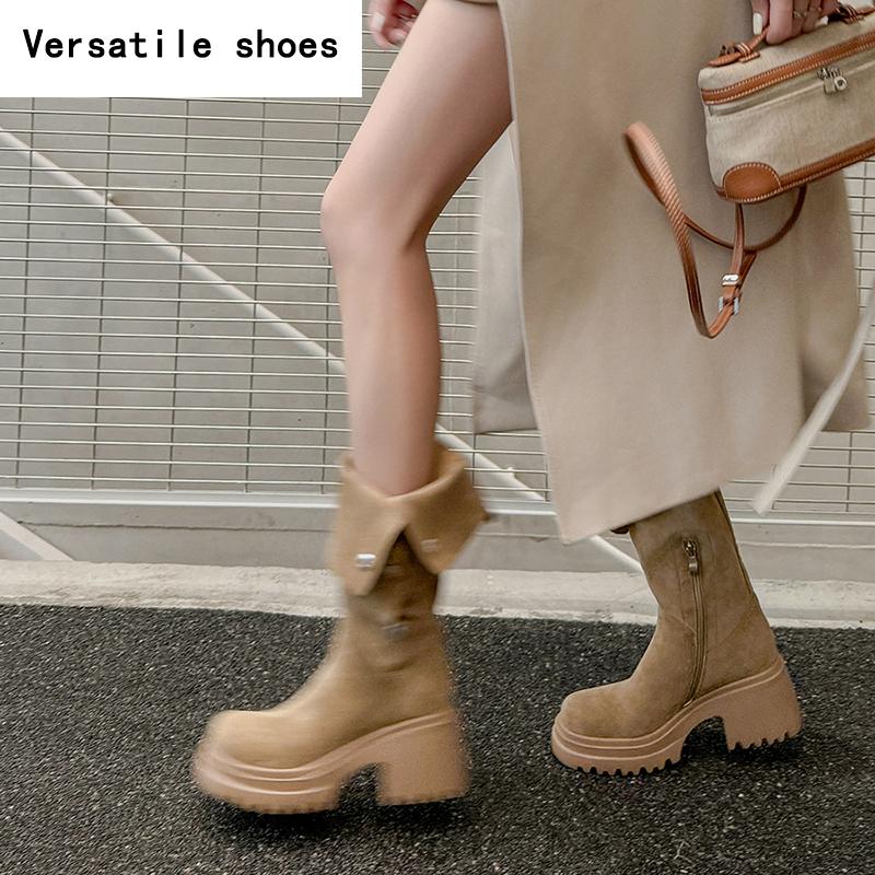 Winter Chunky Women Mid Calf Boots Fashion Warm Cotton Knight Long Booties Square Heels Party Dress Ladies Shoes
