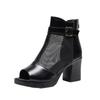 Spring and summer catwalk mesh yarn first layer cowhide women's shoes thick heel middle heel fish mouth versatile comfortable cool leather s