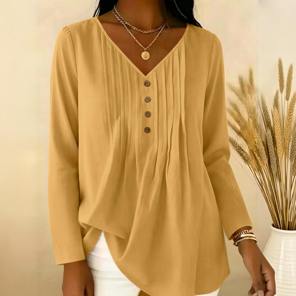 Women's Pleated V Neck Long Sleeve Blouse Button Detail Casual Lightweight Top for Work or Everyday Wear