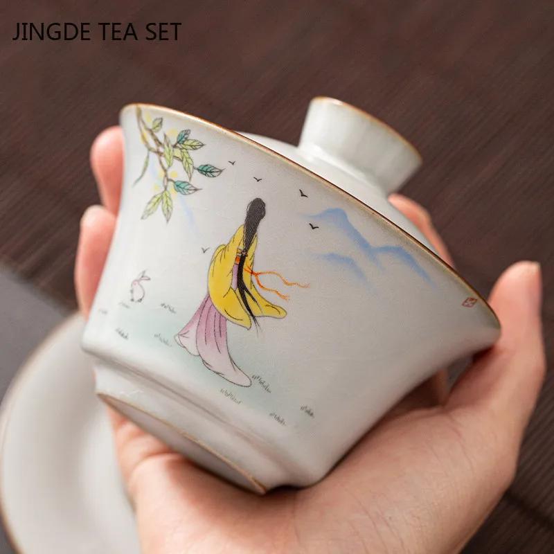 Chinesische Ru-Ofen Keramik Gaiwan Reise-Teeschale Haushalt Handgefertigte Teegeschirr-Zubehör Trinkgeschirr Tragbar Persönliche Teetasse 150ml