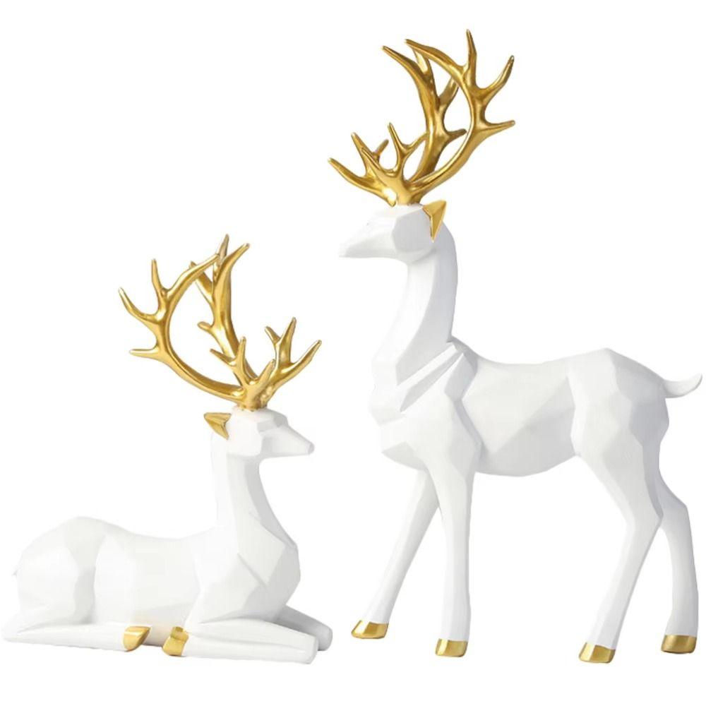 2Pcs Modern Deer Desktop Ornament Creative Elk Figurine Resin Reindeer Sculpture Desktop Ornament