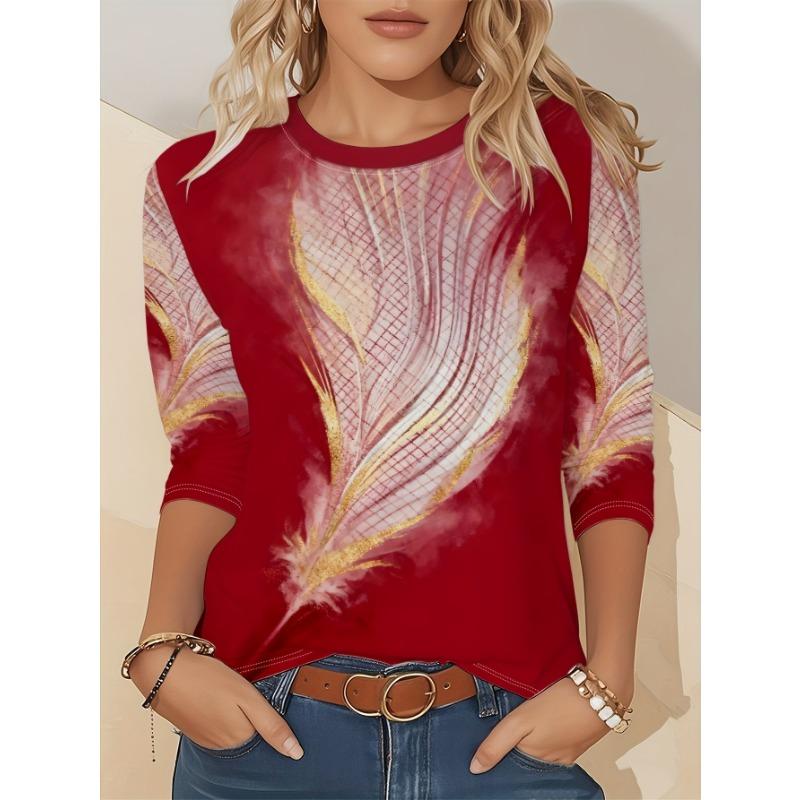 Ladies' Gradient Pink Blue Printed Long Sleeve T-shirt - Gradual Splicing Round Neck Casual Top