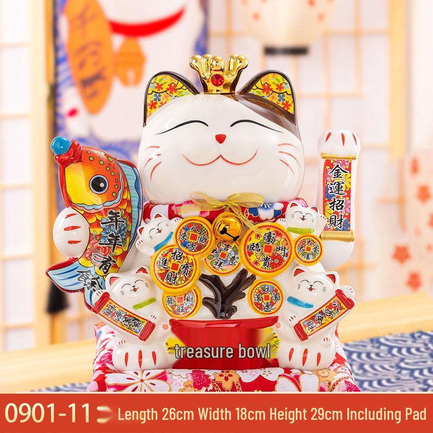 Medium Ceramic Lucky Cat Figurine with Electric Waving Paw - Prosperity Charm for Shops and Gifts