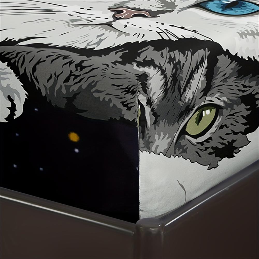 Pet Cat Print 3pcs Fitted Sheet Set, Soft Comfortable Breathable Starry Sky Bedding Mattress Protector Set, For Bedroom, Guest