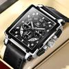 OLEVS Men's Quartz Chronograph Leather Dress Watch Silver Black Waterproof Casual Square Business Date Display
