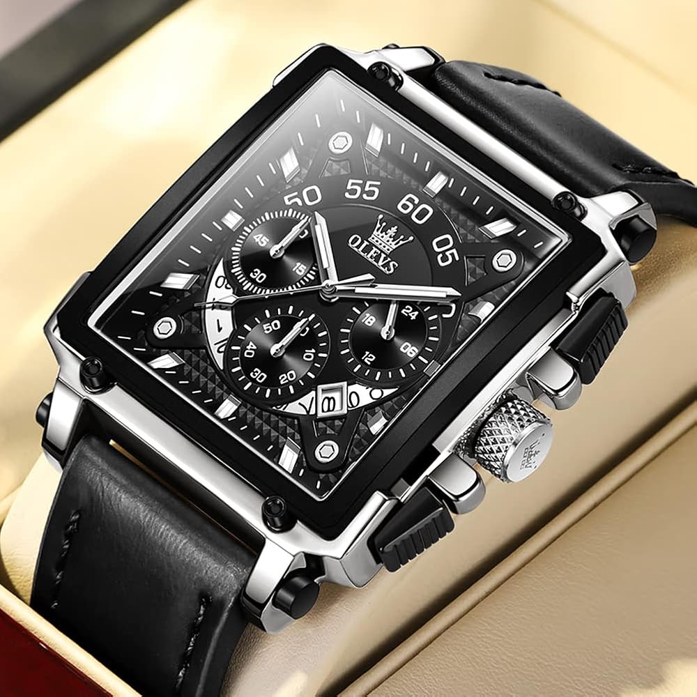 OLEVS Men's Quartz Chronograph Leather Dress Watch Silver Black Waterproof Casual Square Business Date Display