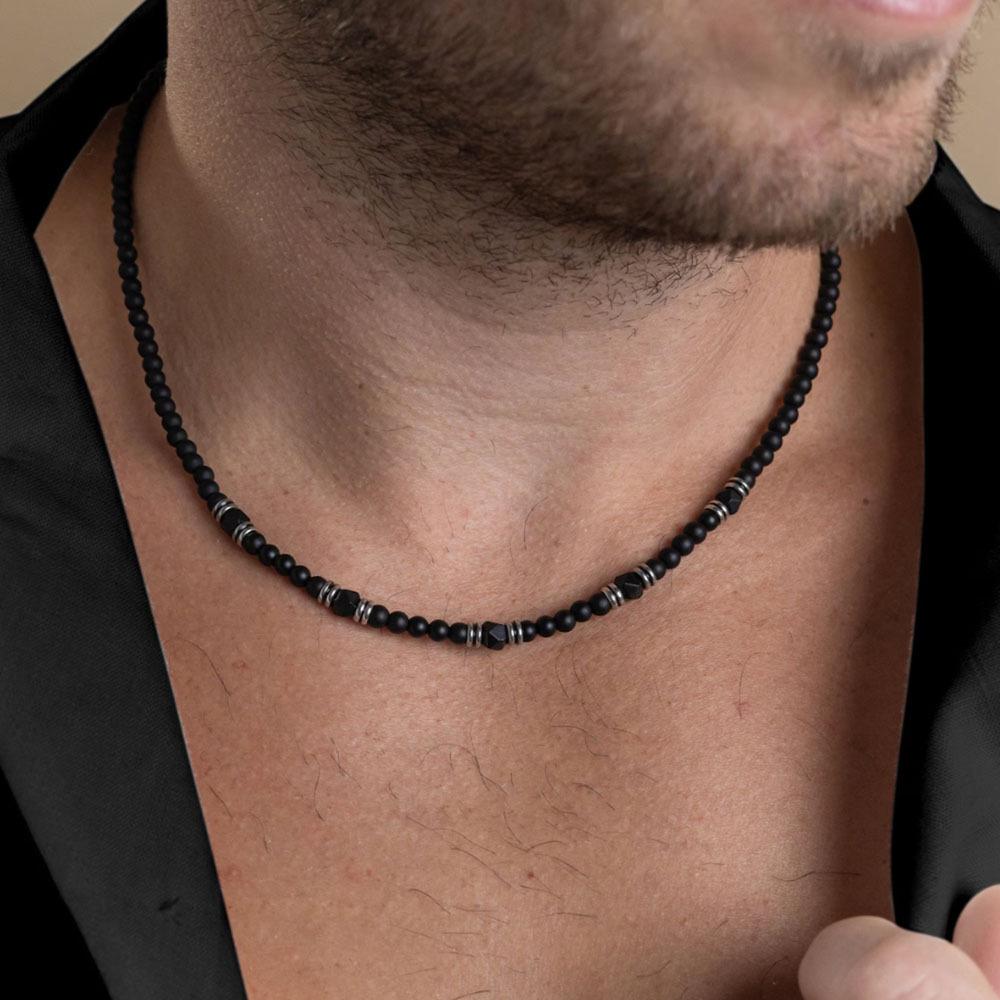 Herren Trendy Mattes Schwarzes Facettiertes Achat Halskette - Hip Hop Punk Stil, Edelstahl Schlüsselbein Kette