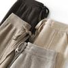 Wool Casual Pants Solid Color Straight Wide Leg Knitting Trousers with Drawstring High Waist Thickened Slacks