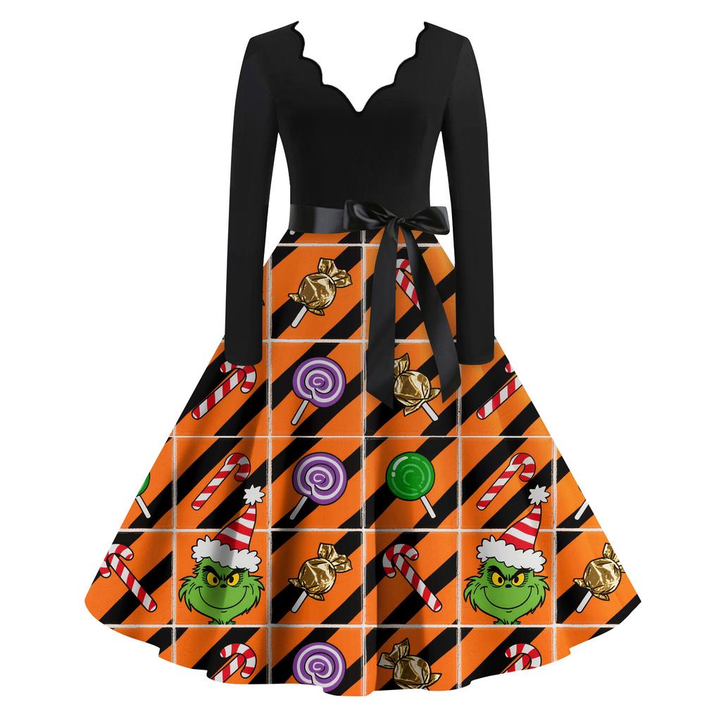 Ladies' Fashionable Retro Long Sleeved Square Neck Christmas Printed Evening Dress Dress