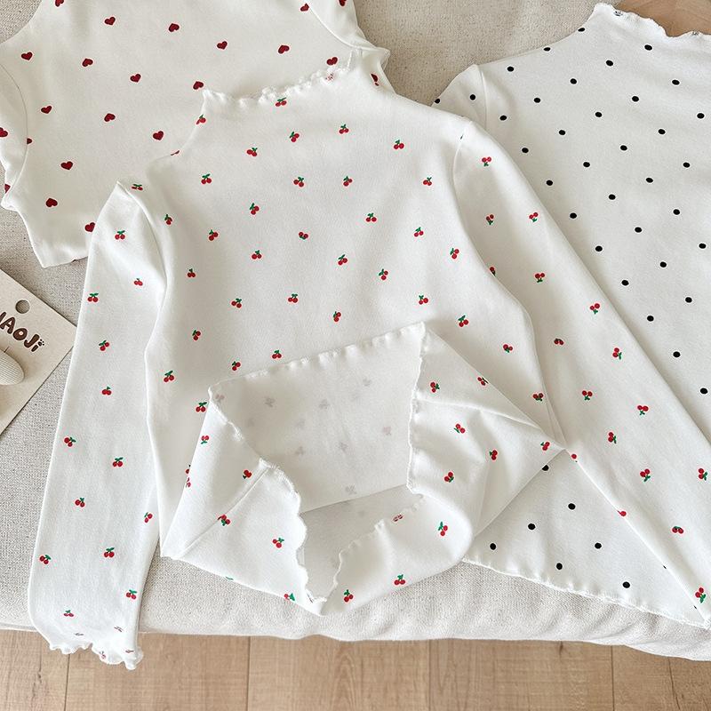 Children Girls Long-sleeved T-shirts Autumn Dot Print Infant Babys Girl Tops Turtleneck Bow Flower Toddler Kids Girls Undershirt