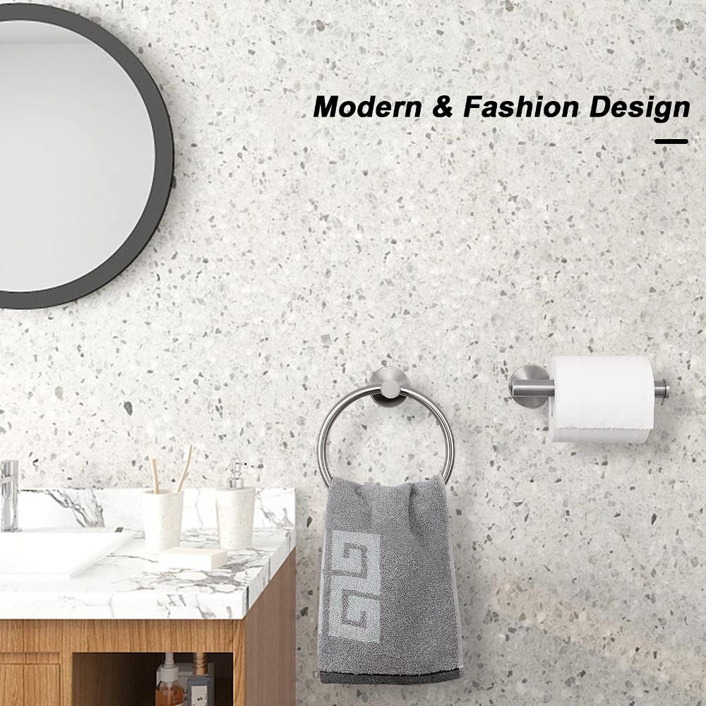 2-piece Stainless Steel Bathroom Accessories Set Including Black Toilet Paper Holder and Black Towel Ring Wall Mounted