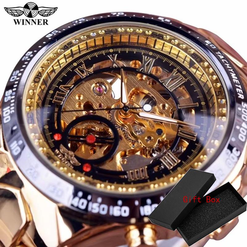 Winner Classic Series Golden Movement Stahl Herren-Skelettuhr Mechanische Top-Marke Luxus-Mode Automatikuhren