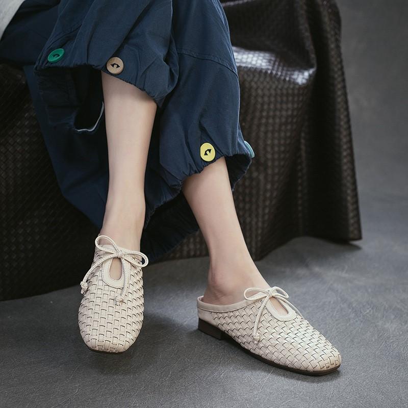 Johnature Pantofole da esterno intrecciate in vera pelle stile retrò, scarpe slip-on da donna leggere e versatili