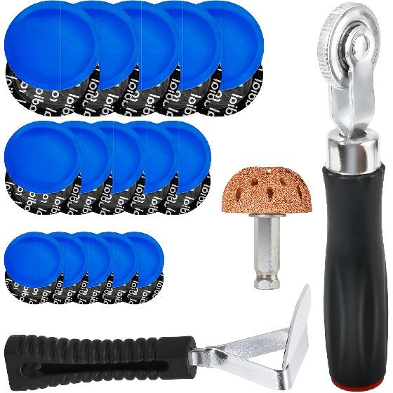 33PCS Tire Repair Patch Tools Tire Patch Kit, 30PCS Tire Patches(32Mm/ 42Mm/ 58Mm With Tire Patch Roller, Tire Repair Buffing Wheel, Tire Inner Liner