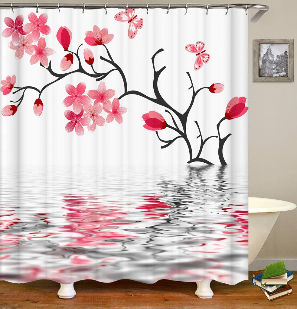 Colorful Tulip Lotus Flowers Trees Shower Curtain Bathroom Curtains Nature Flower Waterproof Polyester Fabric Bathtub Decor