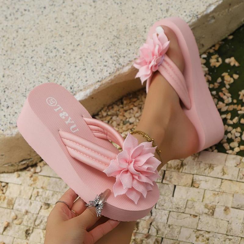 Women's Handmade Flower Decorated Flip Flops Slippers for Beach Vacation Casual Comfortable Flat Sandals Red Shoes